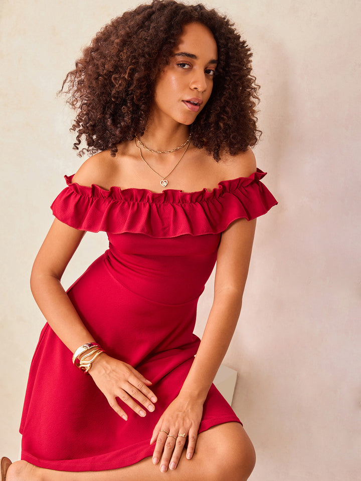 Wine Off-Shoulder Frilled Skater Dress