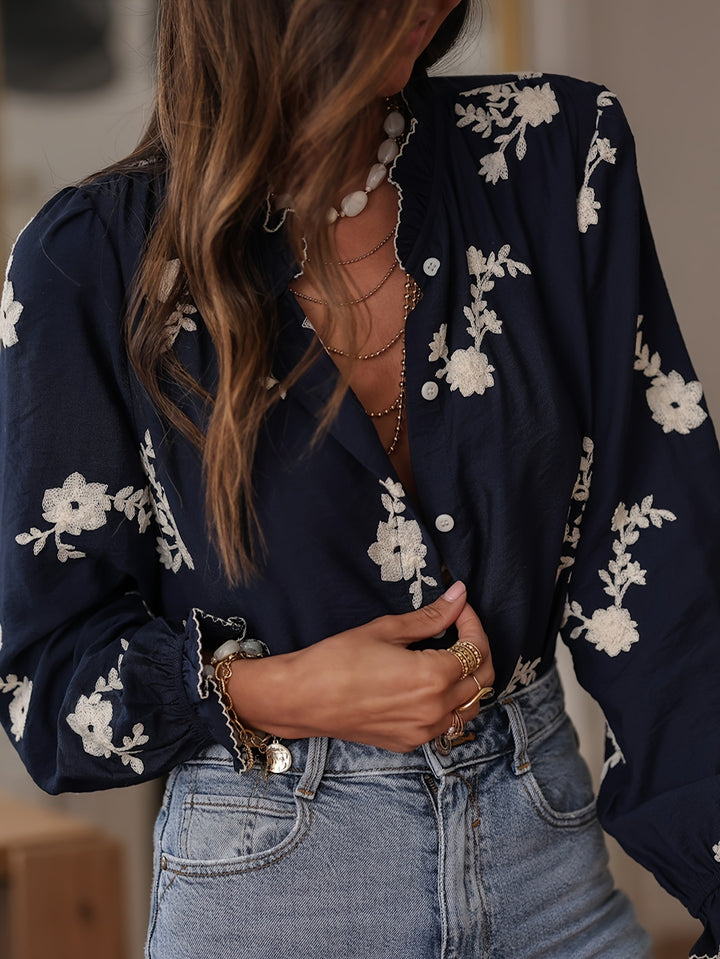 Navy Blue Bishop Sleeve Front Buttoned Embroidered Top