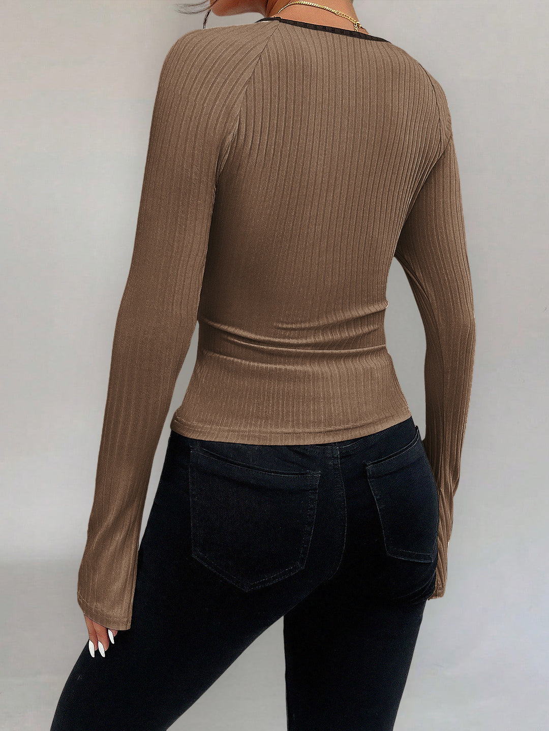 Brown Contrast Tipping Neck Top