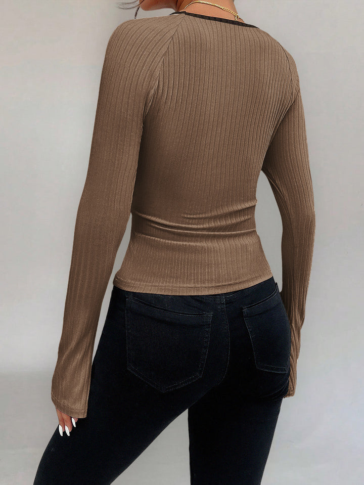 Brown Contrast Tipping Neck Top