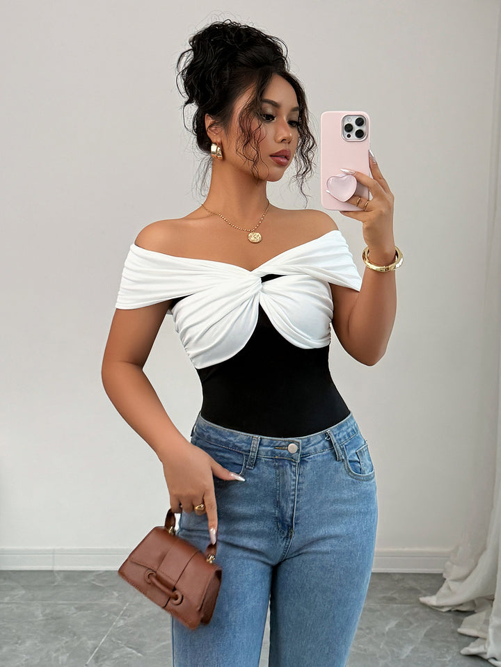 White Off-Shoulder Colour Block Top