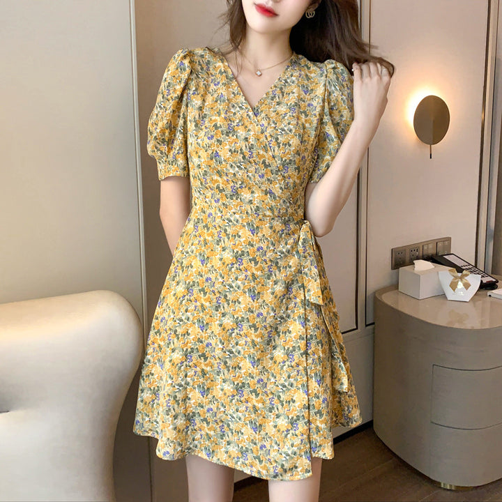 Yellow Puff Sleeve Wrap Dress
