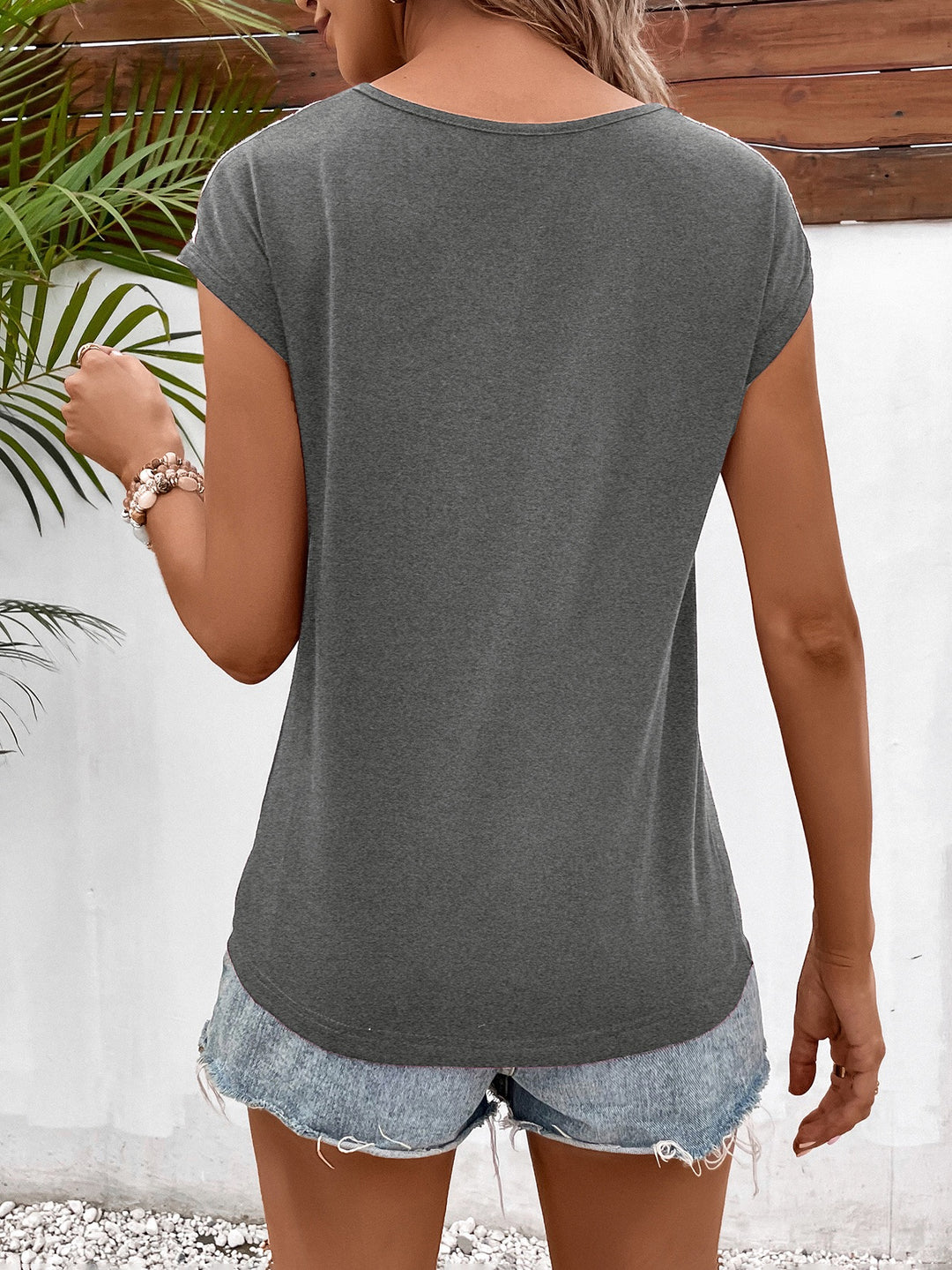 Grey Shoulder Lace Panel Top