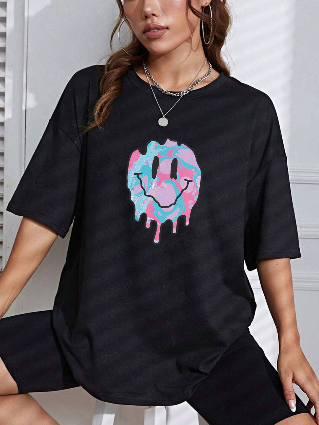 Black Smiley Chest Print Graphic Tshirt