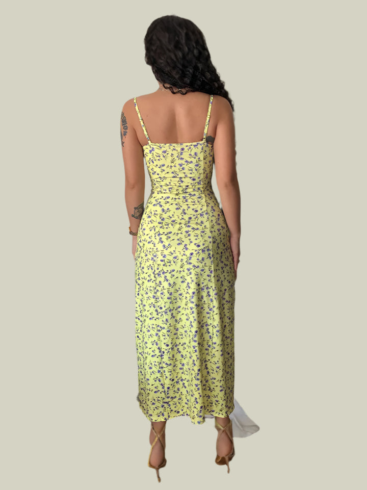 Yellow Lace Detail At Bust High Slit Midi Dress