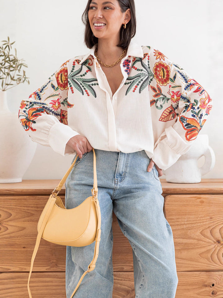 White Full Sleeve Embroidered Collared Top