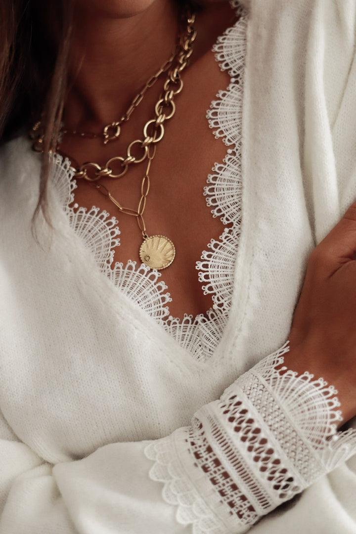 White Full Sleeves Scallop Neckline Sweaters