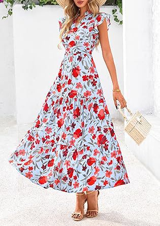 Light Blue Printed Flutter Sleeved Midi Dress