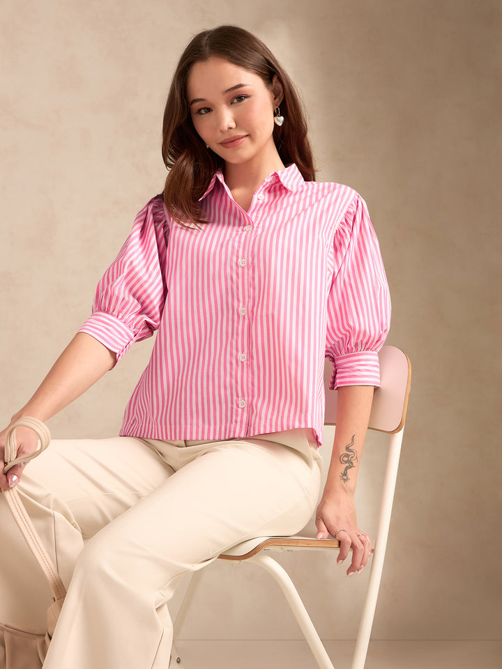 Pink Relaxed Fit Striped Shirt With Balloon Sleeves