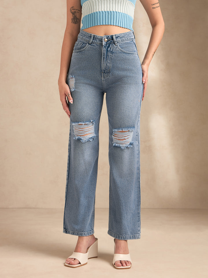 Blue Baggy High-Rise Mildly Distressed Stretchable Jeans