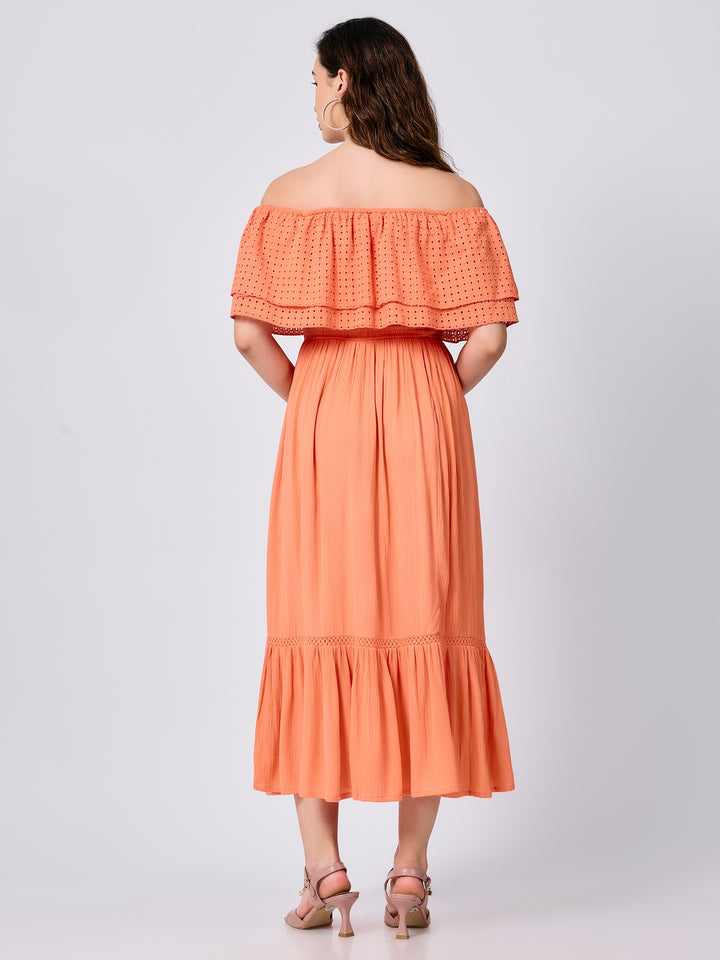 Peach Off Shoulder Tiered Midi Dress