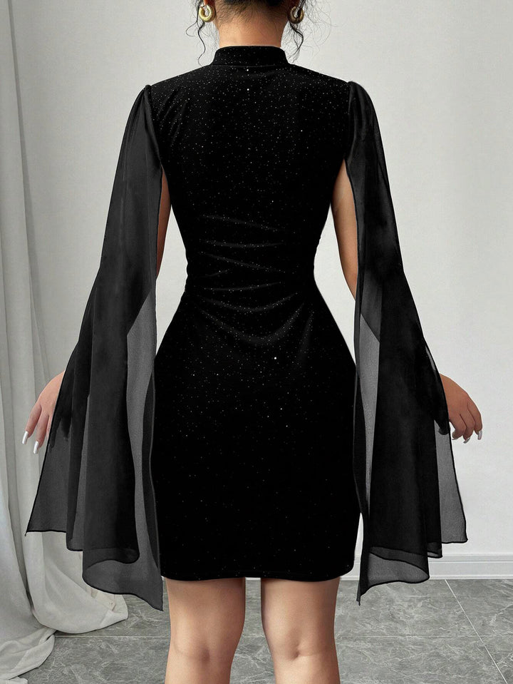 Black Cape Sleeve High Neck Shimmer Dress