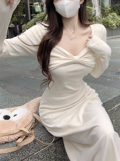 Cream Aline Midi Dress With Bow Detail
