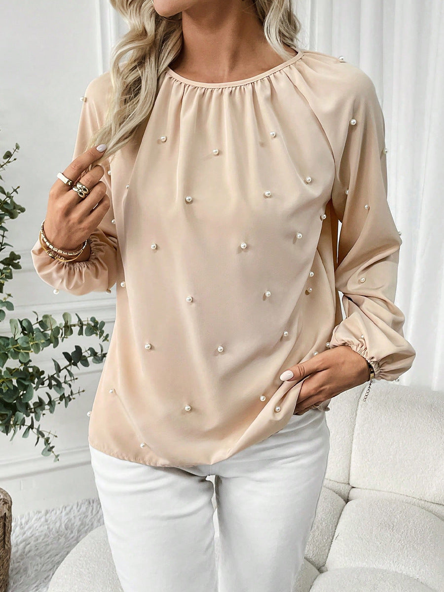 Cream Solid Blouse With Pearl Embellishments