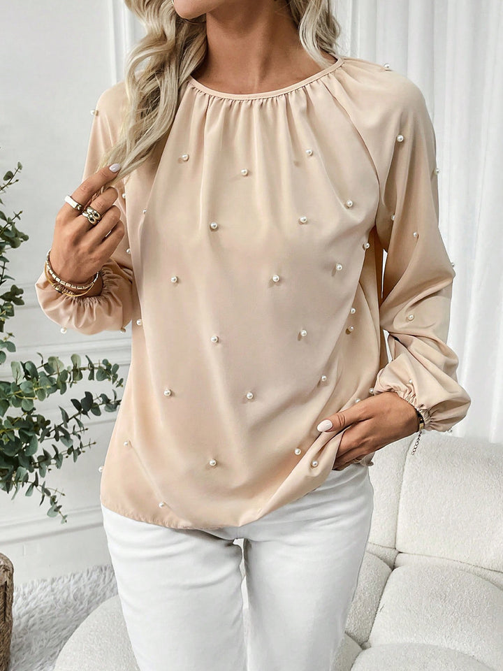Cream Solid Blouse With Pearl Embellishments