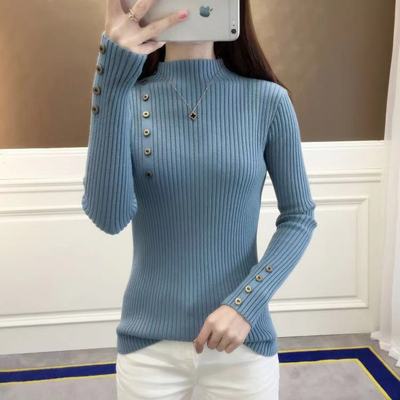 Blue Full Sleeve Button Trim Fitted Sweaters