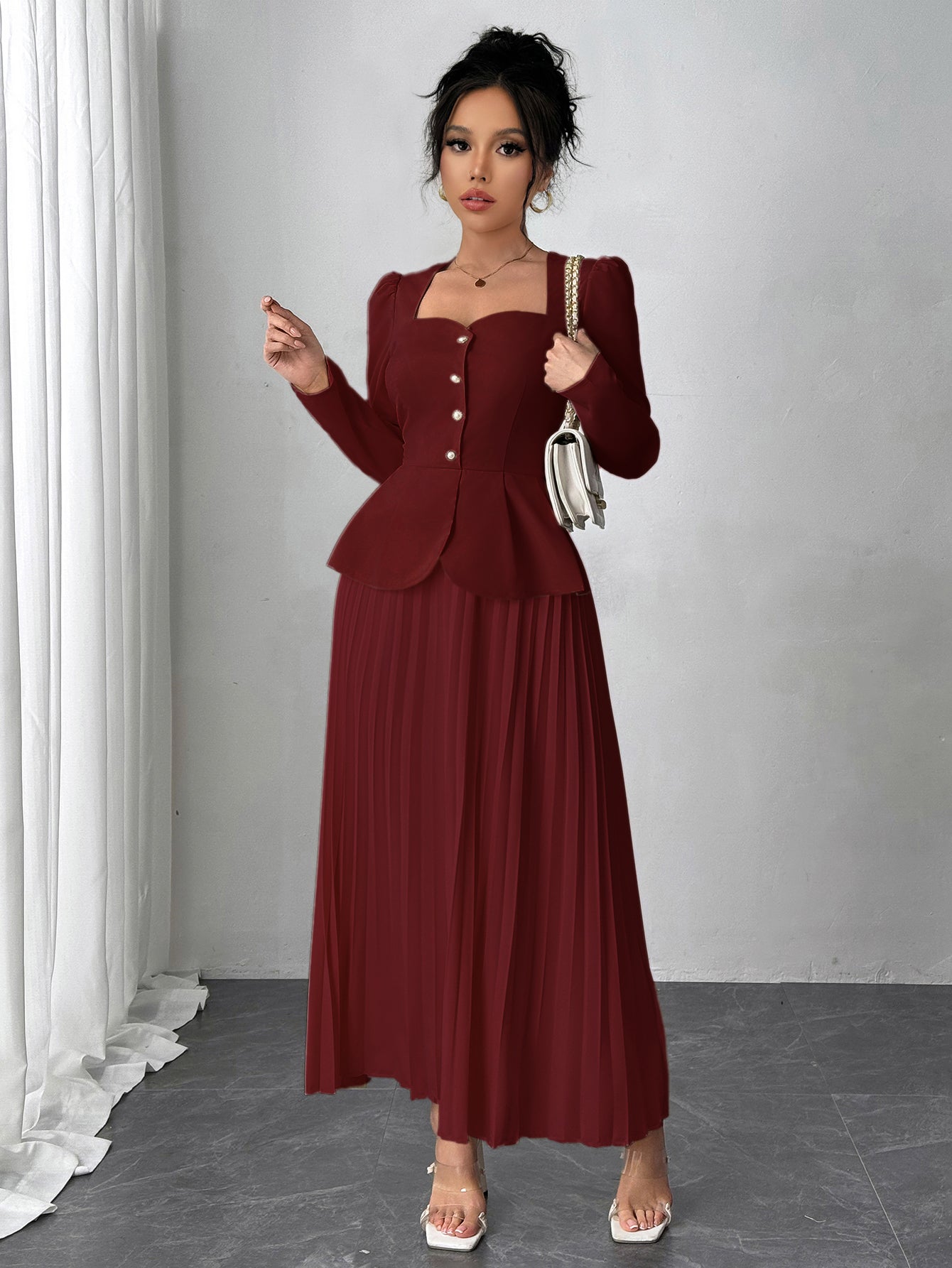 Maroon Pleated Blazer Dress