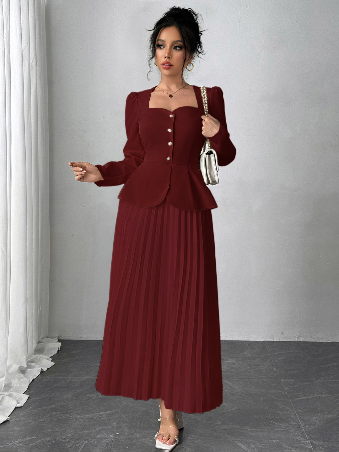Maroon Pleated Blazer Dress