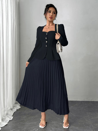 Navy Pleated Blazer Dress