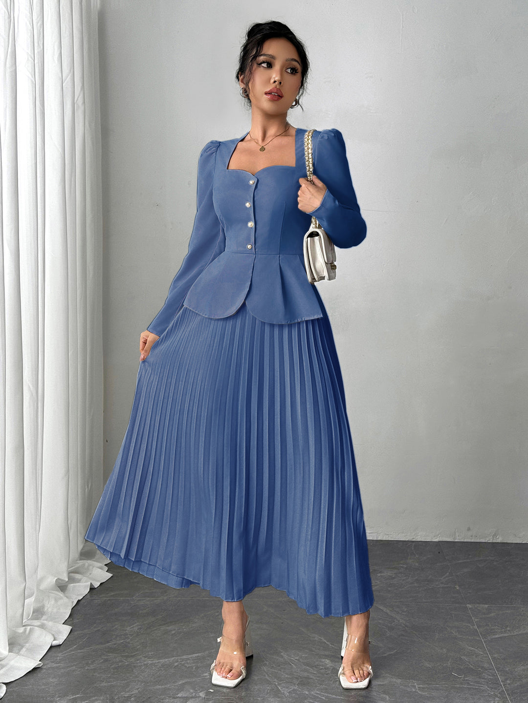 Blue Pleated Blazer Dress
