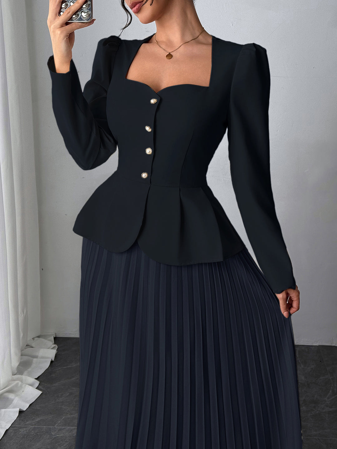 Navy Pleated Blazer Dress