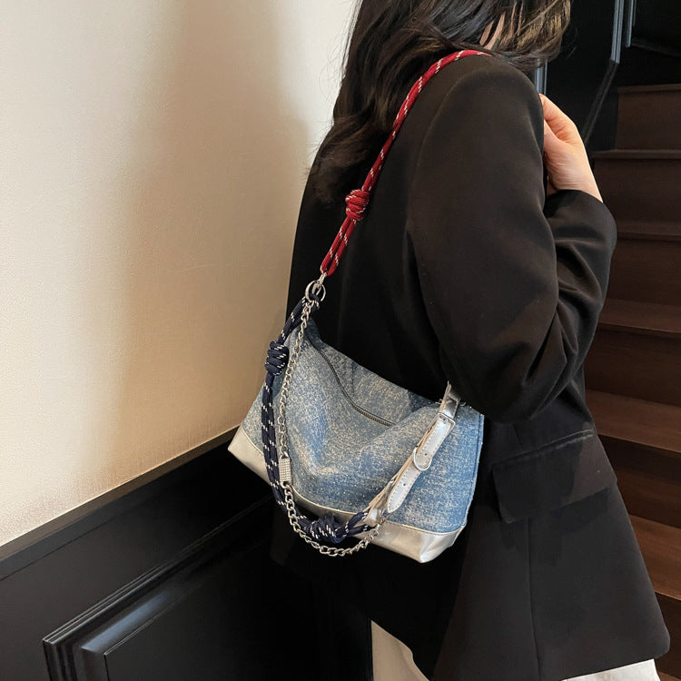 Blue Twisted Strap Denim Tote Bag