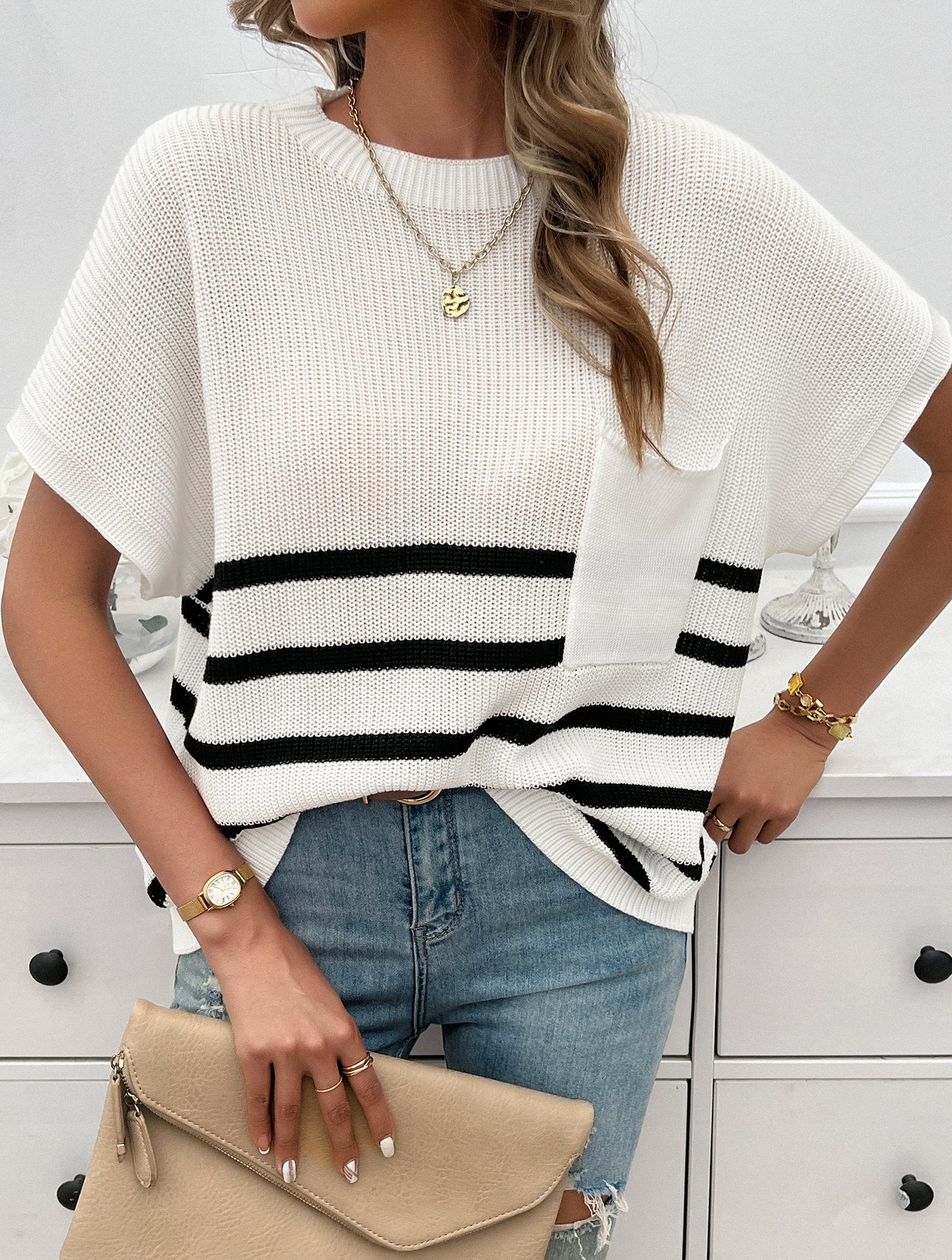 White Textured Striped Top