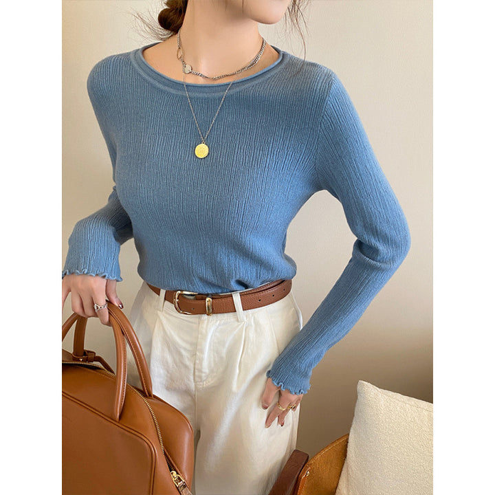 Blue Full Sleeve Scallop Hem Mock Neck Fitted Top