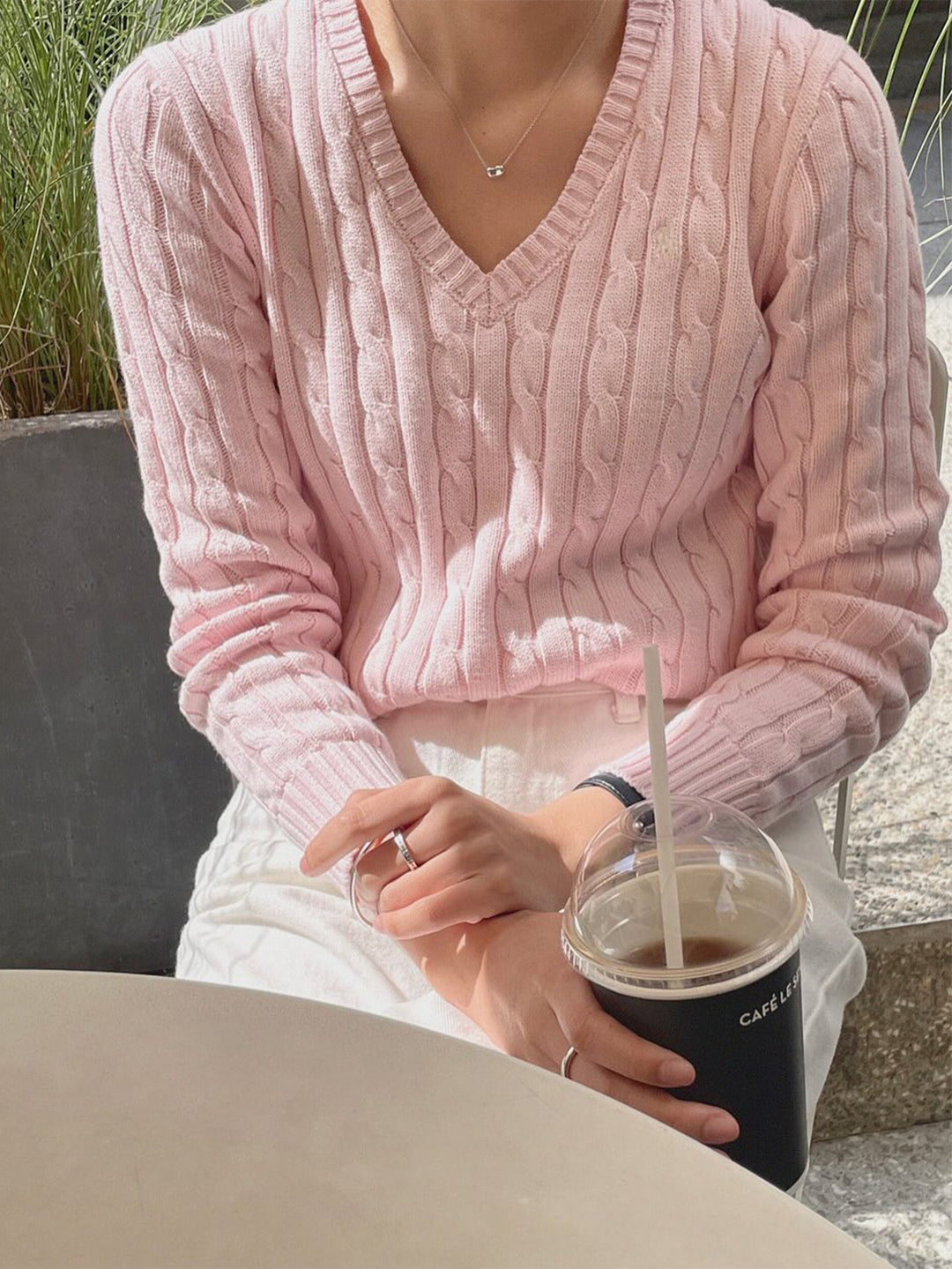 Pink Soft Ribbed V-Neck Sweater With Long Sleeves