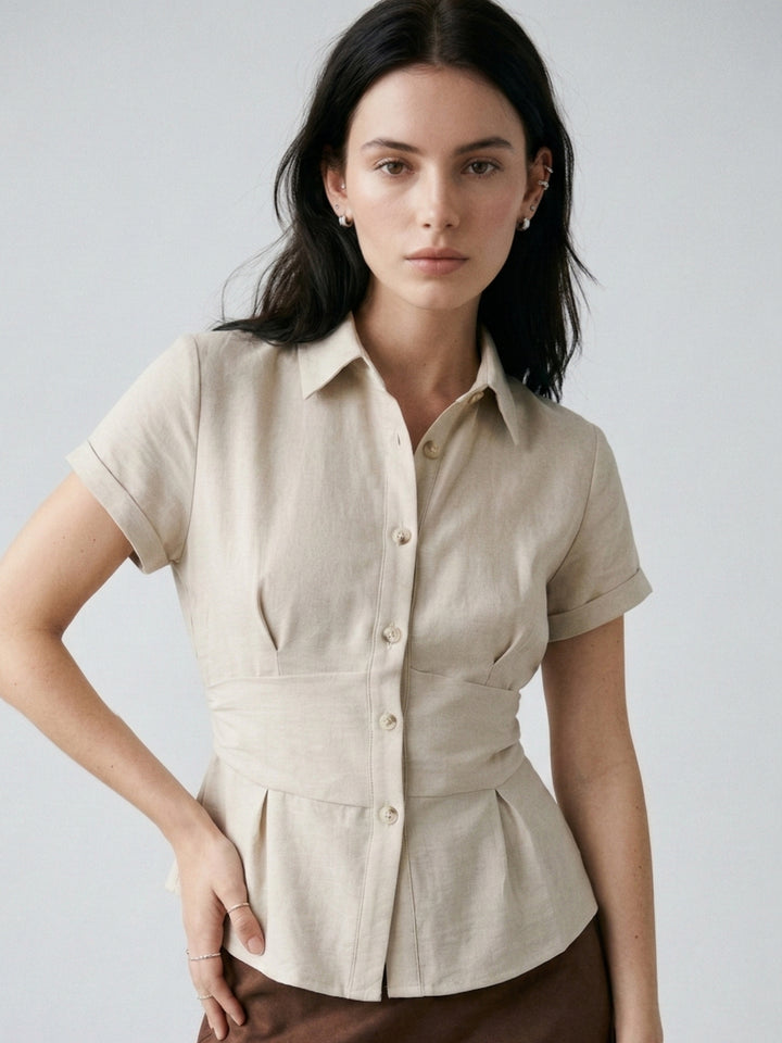 Grey Short Sleeve Front Buttoned Collared Top