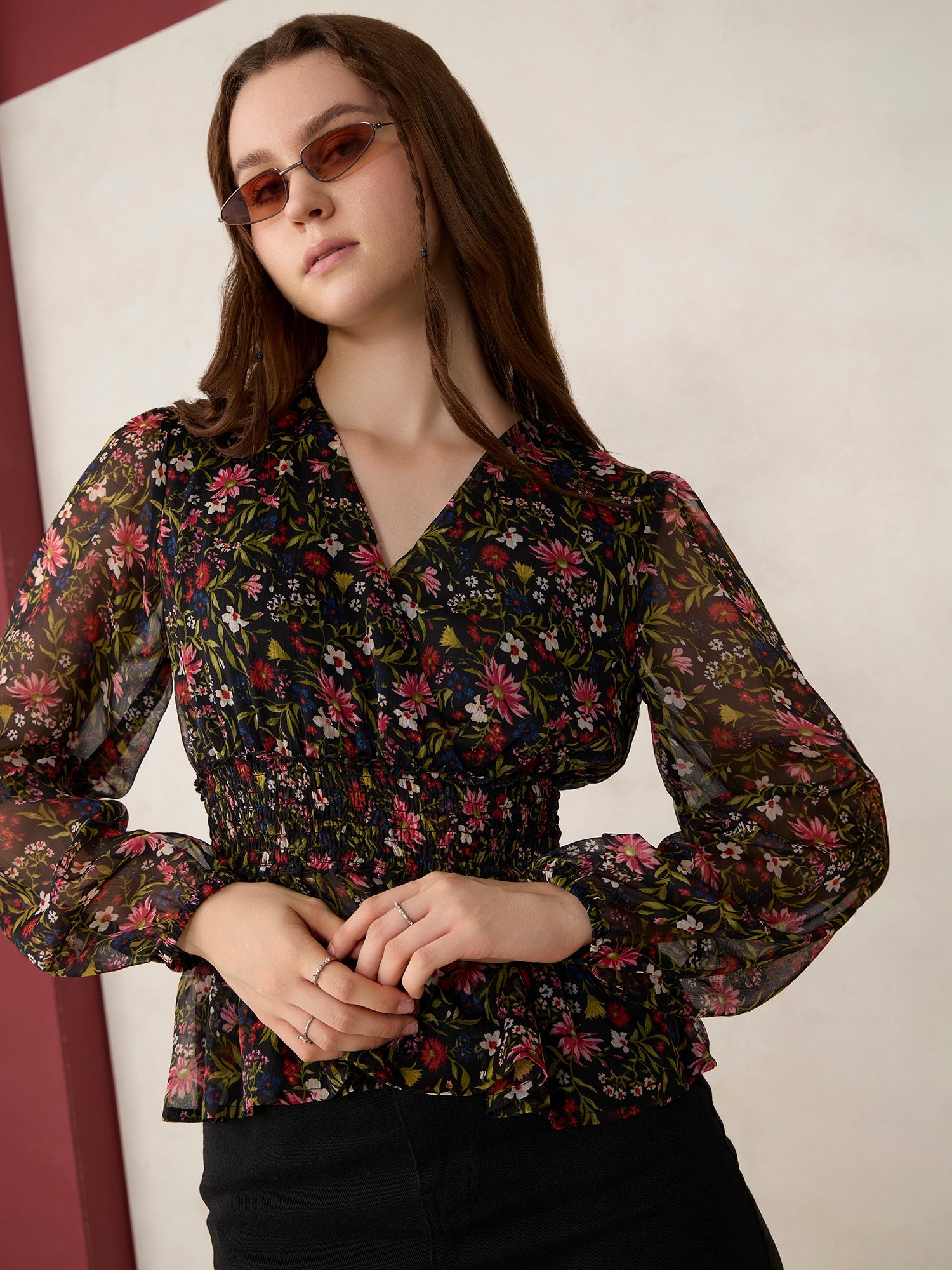Black Printed Peplum Top
