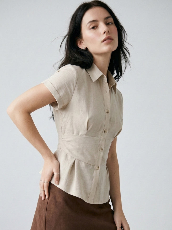 Grey Short Sleeve Front Buttoned Collared Top