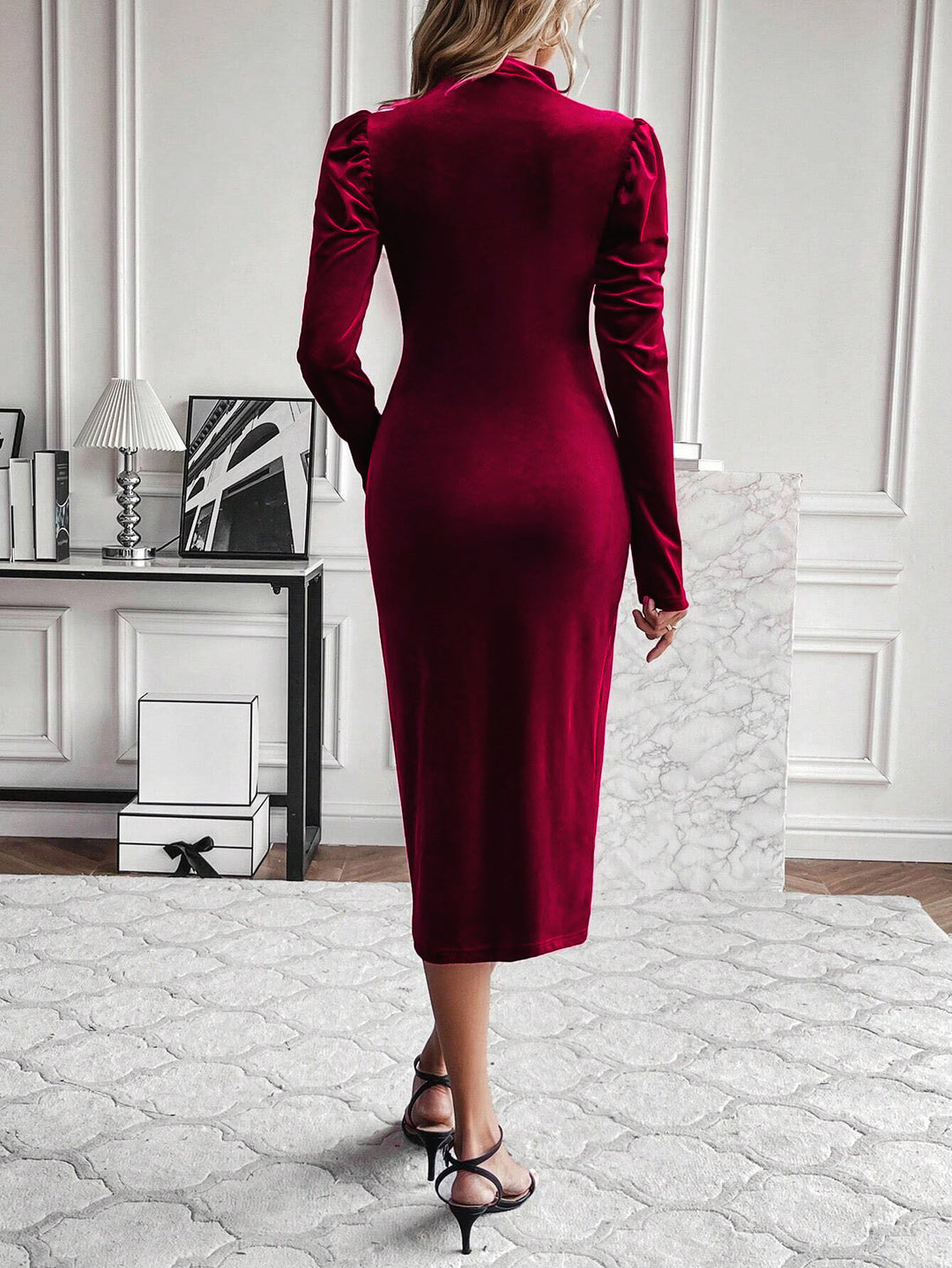 Wine Cut Out Full Sleeve Fitted Dress