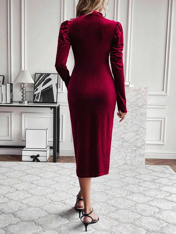 Wine Cut Out Full Sleeve Fitted Dress