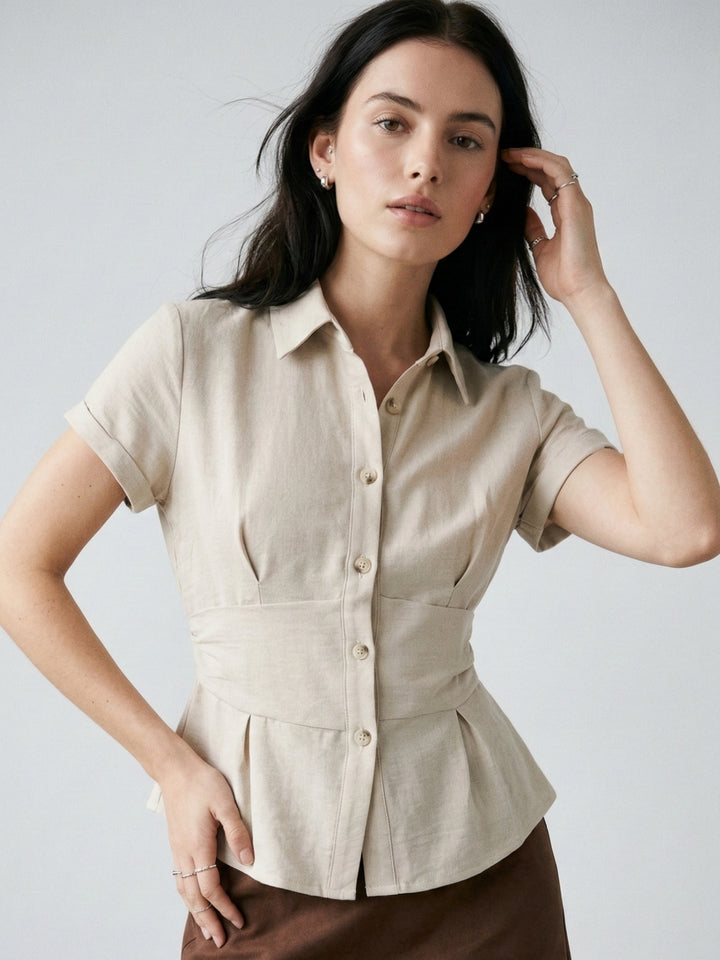 Grey Short Sleeve Front Buttoned Collared Top