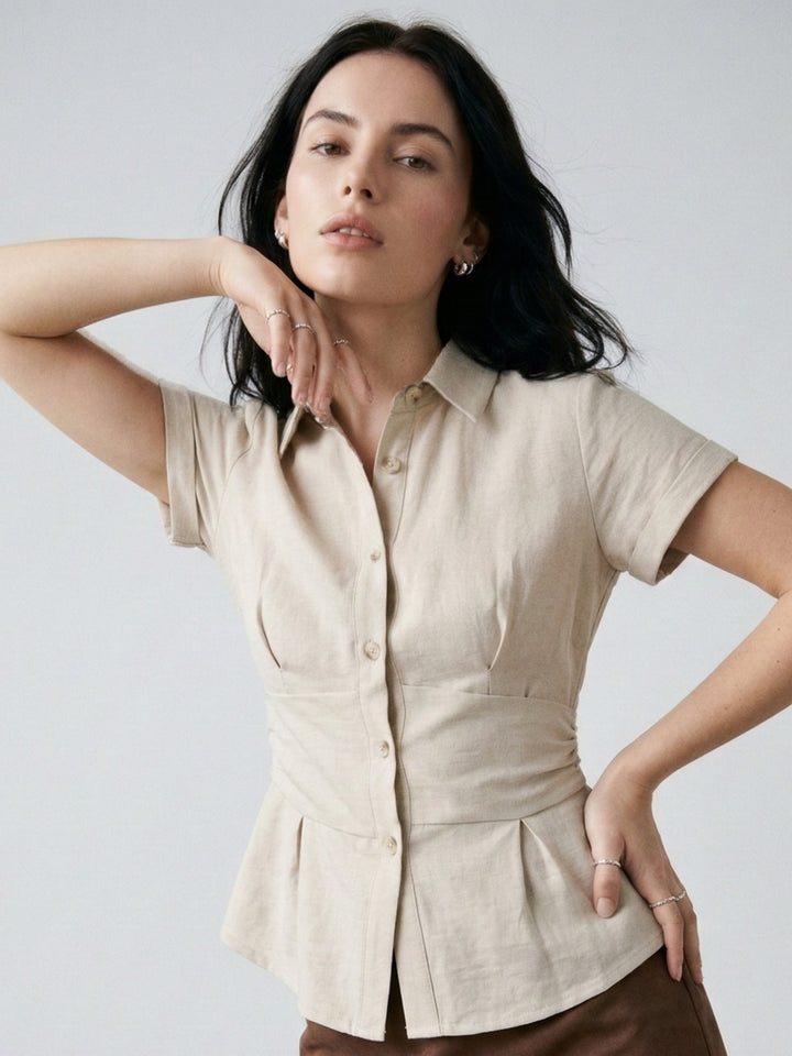 Grey Short Sleeve Front Buttoned Collared Top