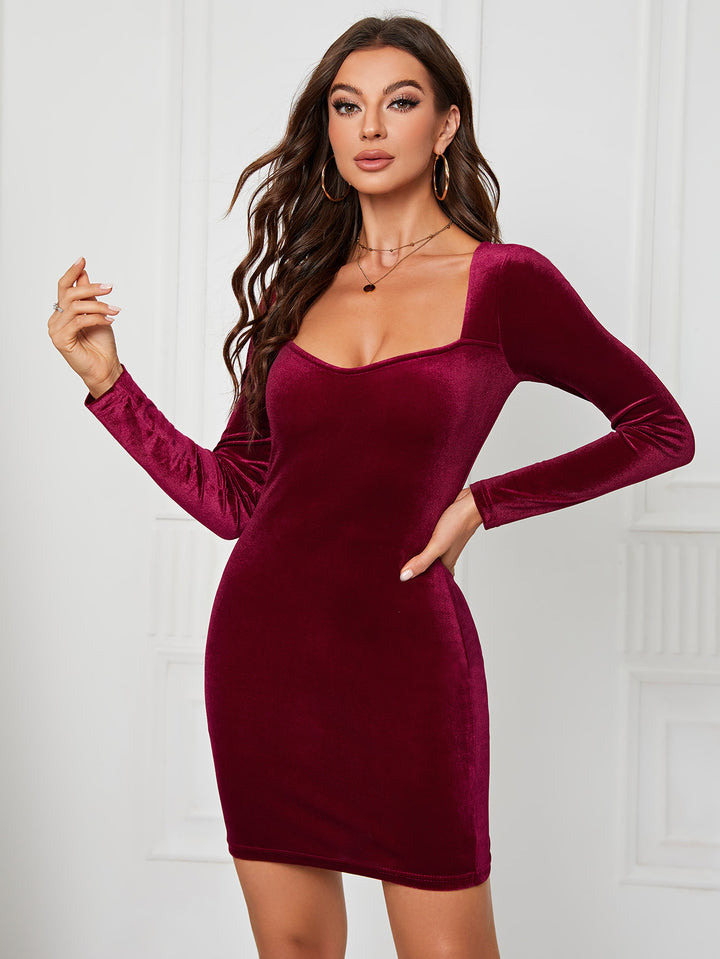 Wine Full Sleeve Sweetheart Neck Dress