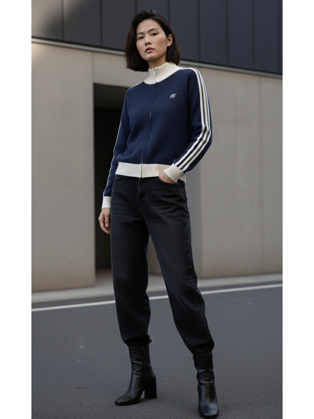 Navy Blue Full Contrast Sleeves Front Zip Jackets