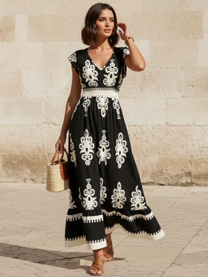 Black Short Sleeve V Neck Printed Flared Dress