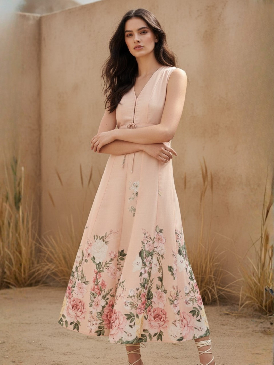 Pink Midi Printed Dress With Bow Tieup Detail