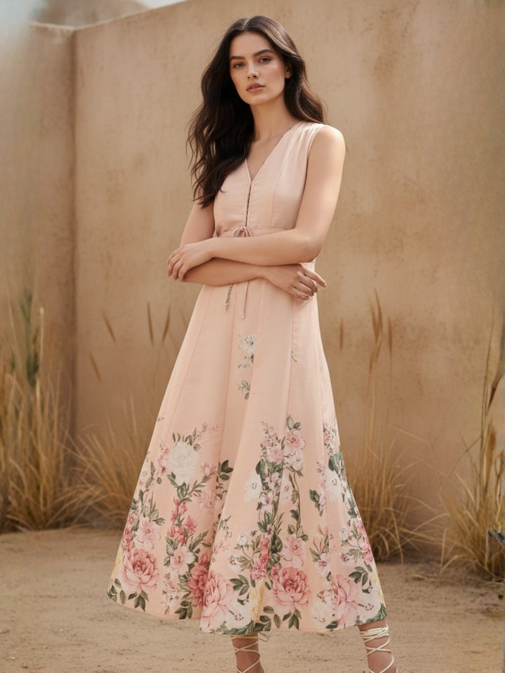 Pink Midi Printed Dress With Bow Tieup Detail