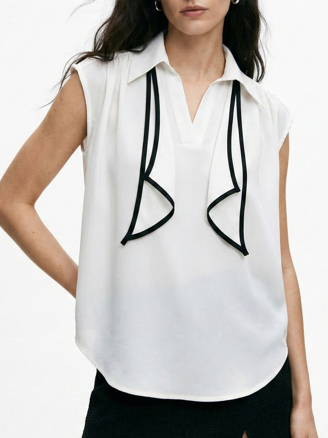 Off White Sleeveless Tie-Neck Blouse