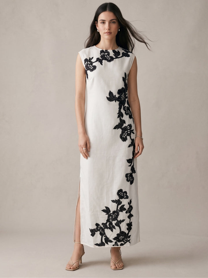 Off White Maxi Length Placement Print Dress With Slit