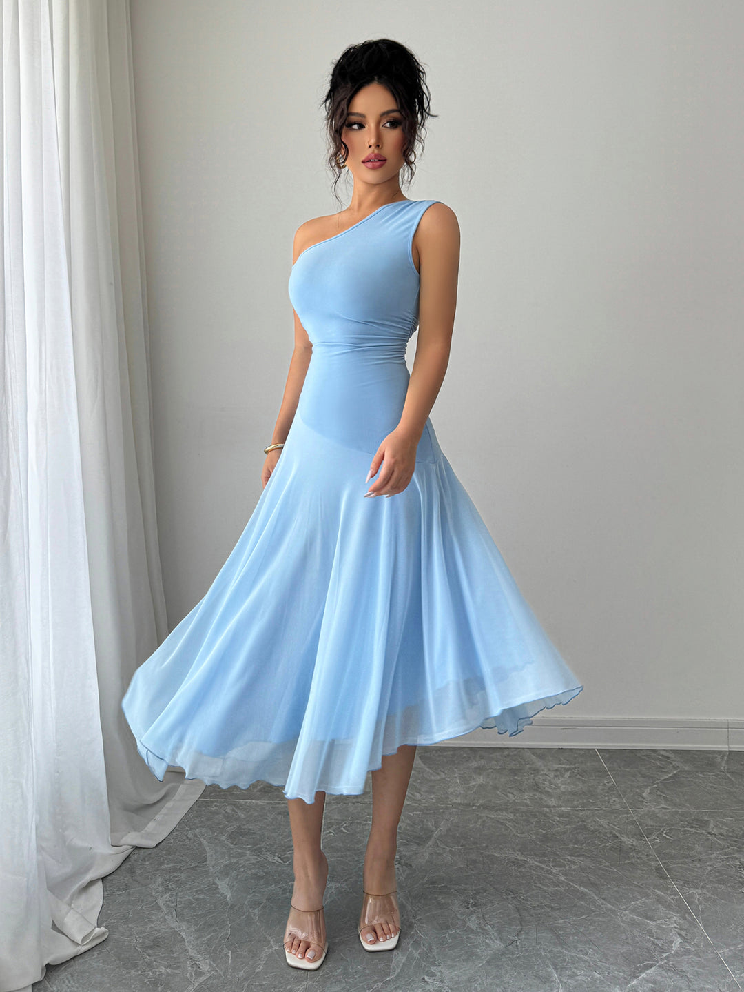 Blue One Shoulder Sleeveless Pleated Dress