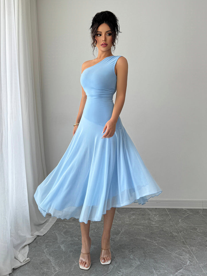Blue One Shoulder Sleeveless Pleated Dress