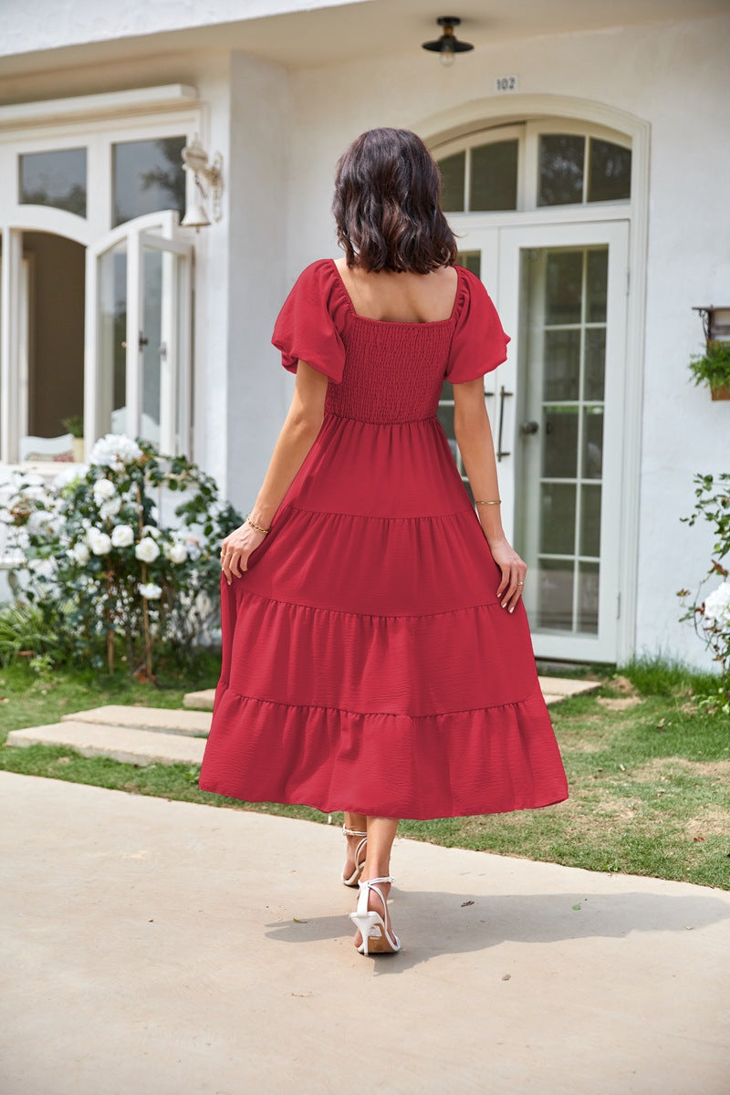 Red Square Neck Puff Sleeved Tiered Dress