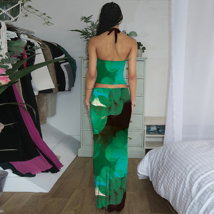 Green Printed Halter Top With Skirt Co-Ord Set