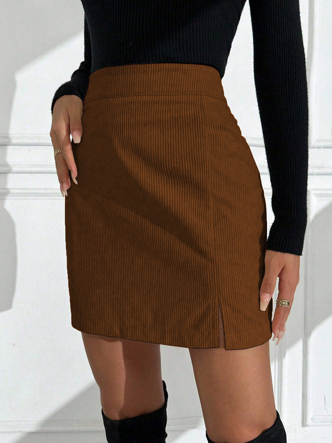 Brown Textured Knit Side Slit Skirt