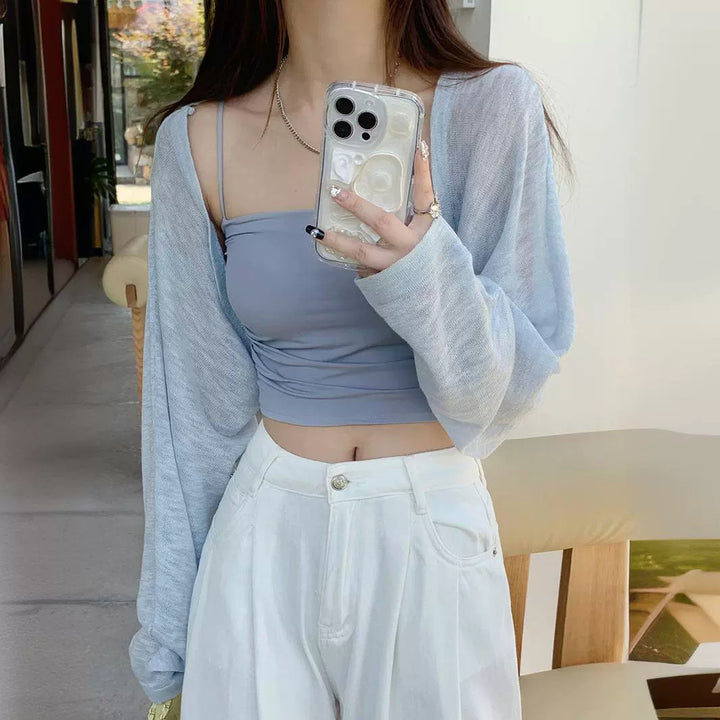 Light Blue Full Sleeve Cropped Slouchy Cardigan