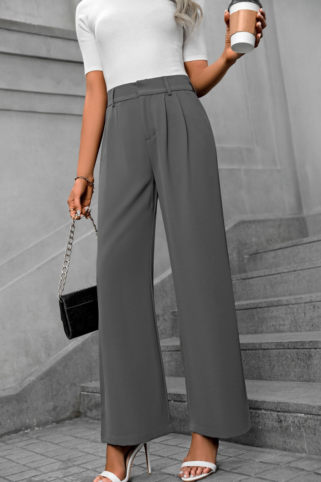 Grey  Waist Band Pleated Straight Fit Pants